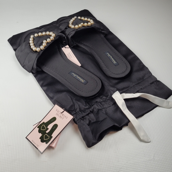 NWT Victoria's Secret Embellished Satin Bow Slide Pearl-Heart Slippers M 8-8.5 - Picture 7 of 10